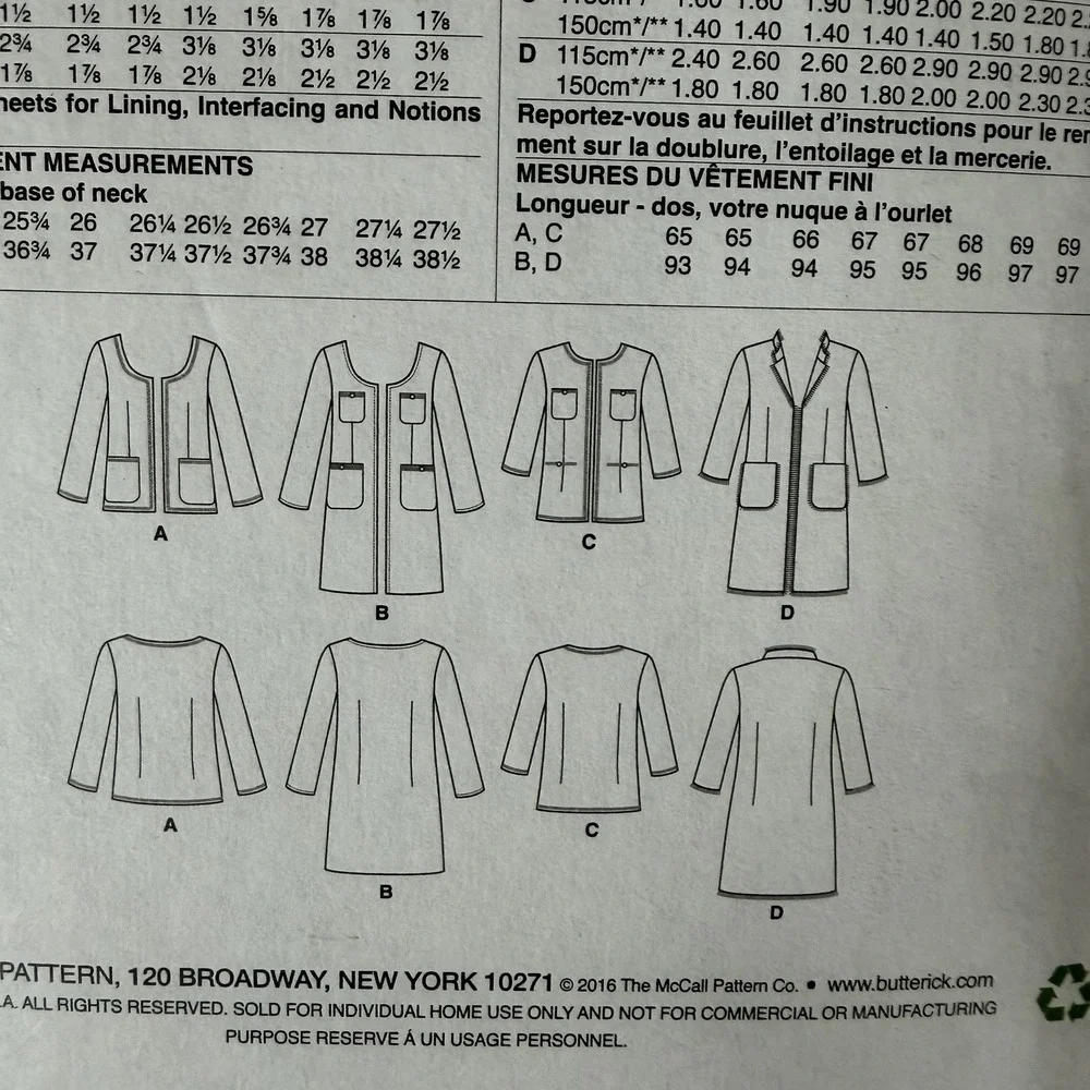 BUTTERICK 6382 - SEMI-FITTED LINED JACKET SIZE 14, 16, 18, 20 & 22 Uncut FF